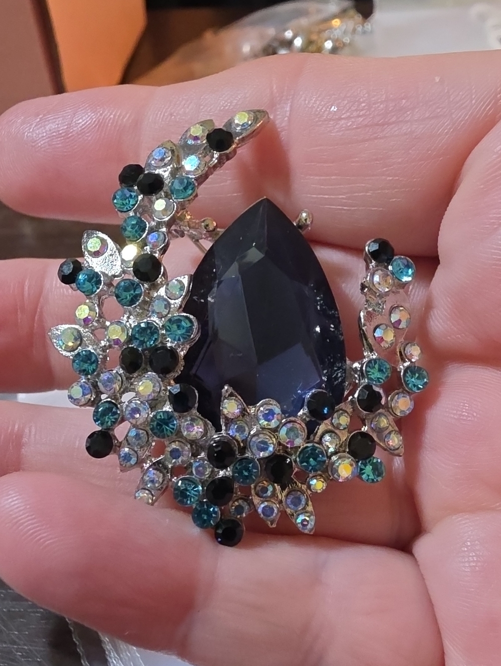 A167- Silver-Tone Blue Teardrop Crystal Brooch with Multicolor Accents